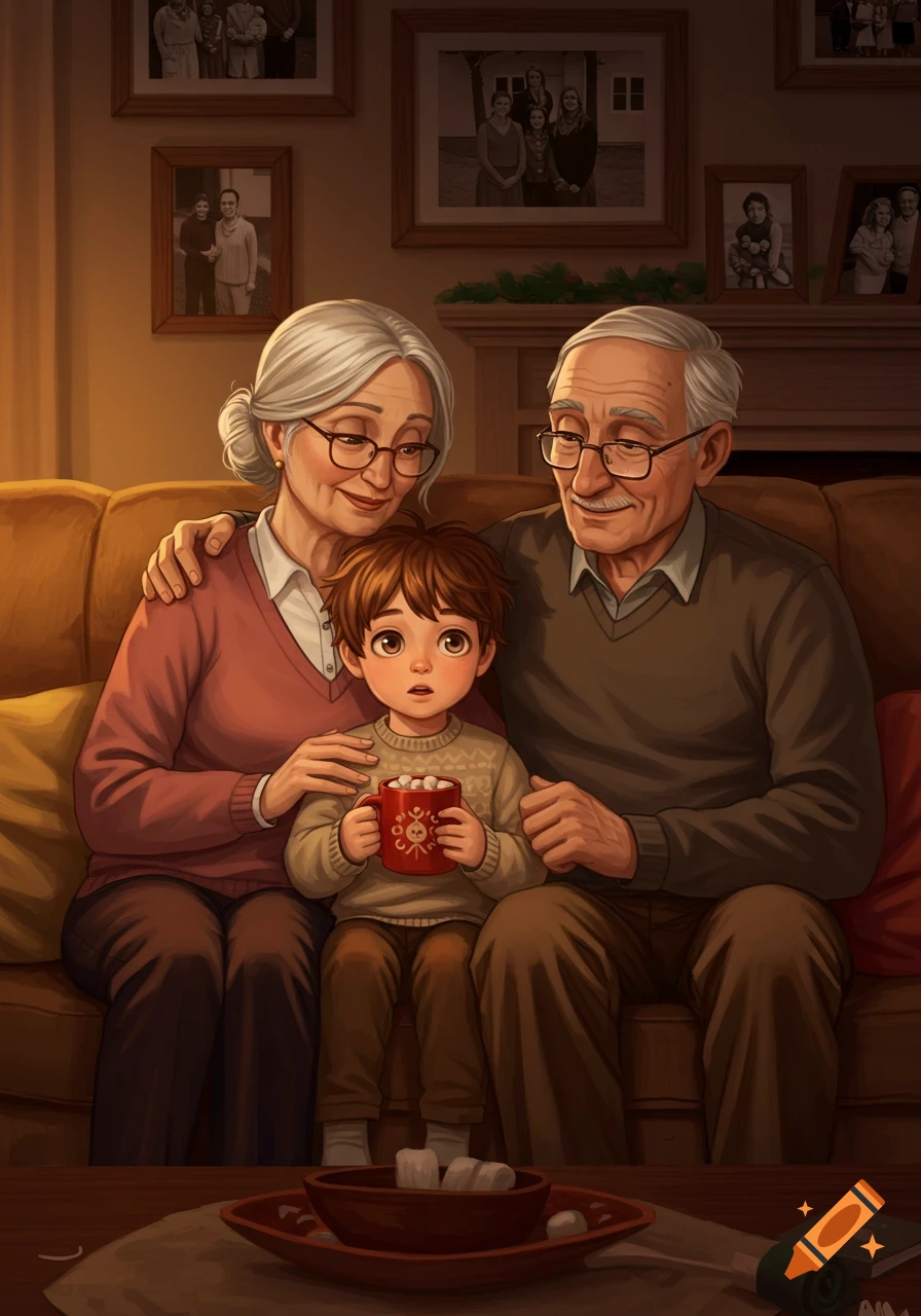 A boy sits between his smiling grandparents on a couch, holding a mug of hot chocolate in a cozy living room. Illustrated.
