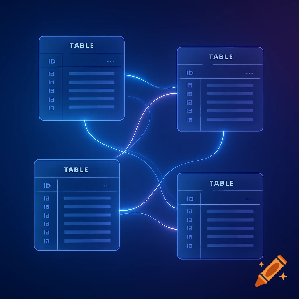 Four interconnected translucent blue database tables with glowing lines on a dark blue background.