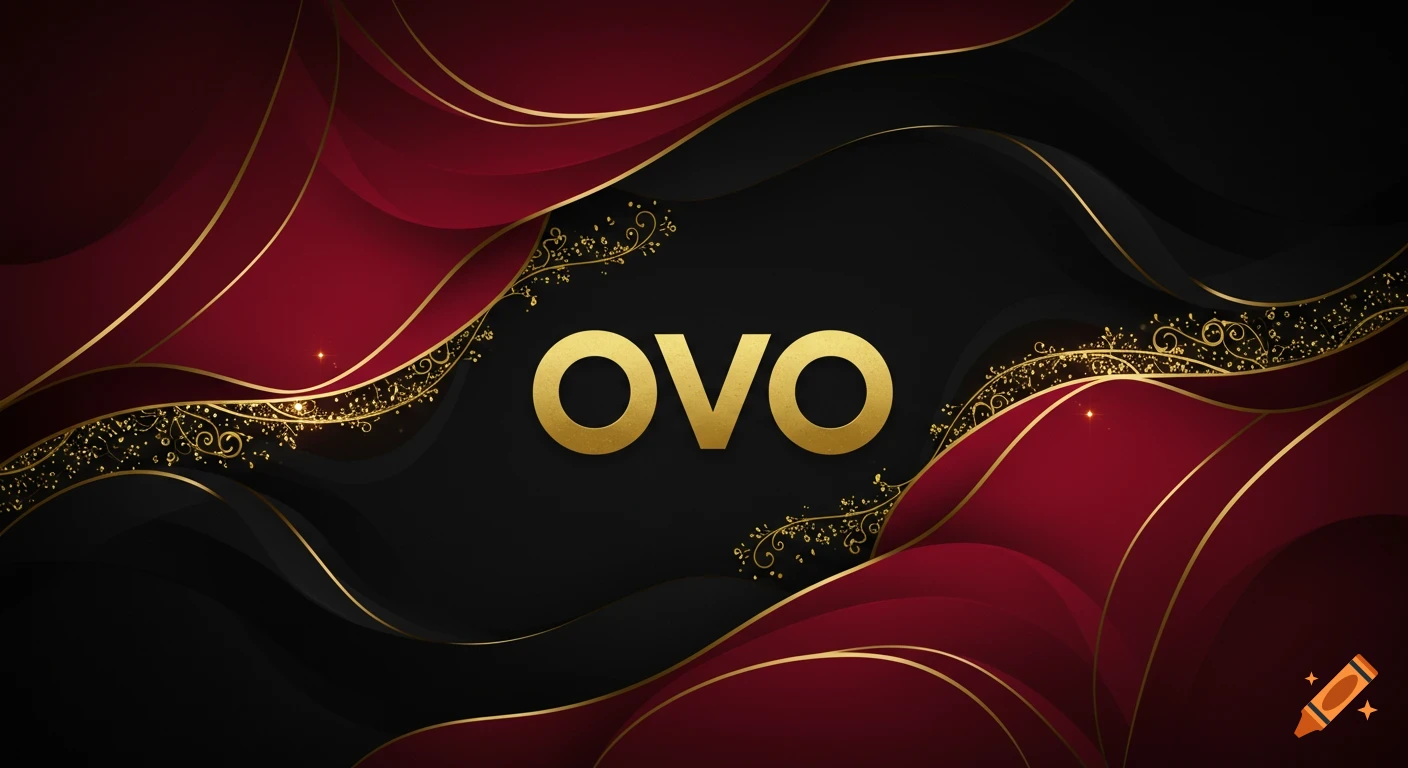 An elegant wallpaper with abstract red and black waves, ornate golden lines, sparkling floral patterns, and the bold word "OVO" in metallic gold at the center.