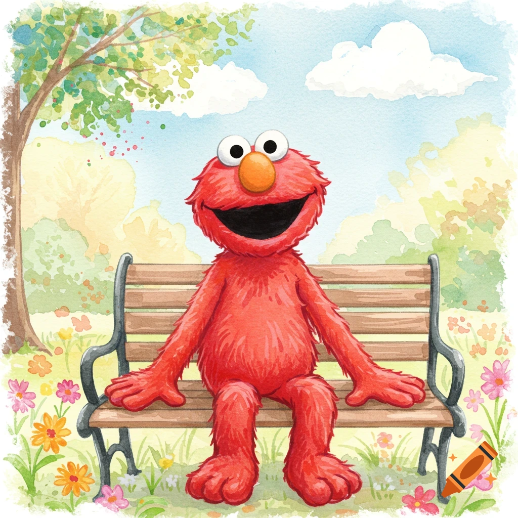 Elmo, a red furry monster, sits smiling on a wooden park bench in a vibrant watercolor illustration.