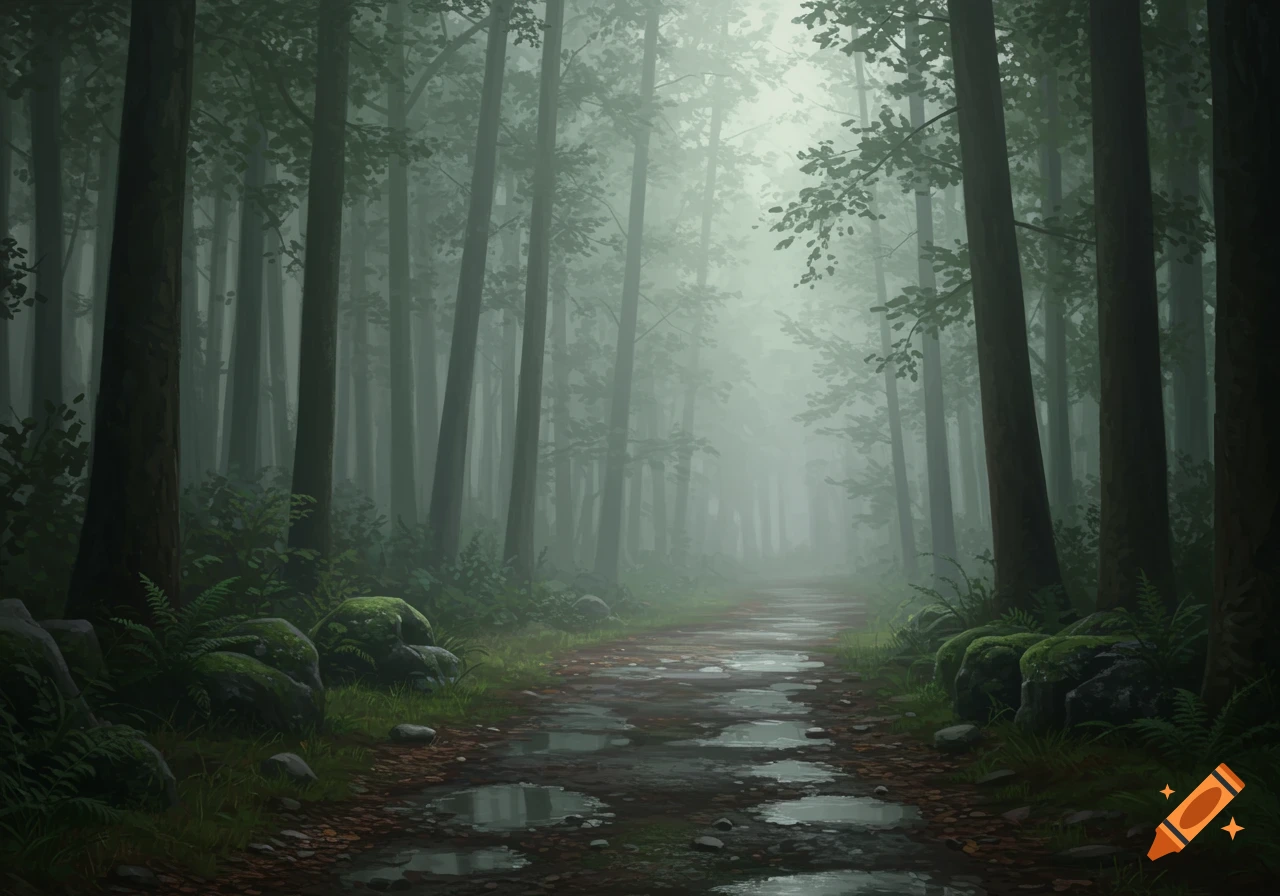 A misty forest path with puddles, tall trees, and light filtering through the fog.