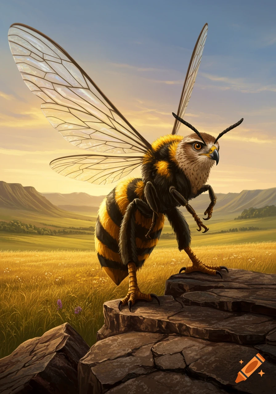 A fantastical creature with a bee body, large clear bee wings, a hawk head, and hawk talons stands on jagged rocks in a sunlit grassy field.