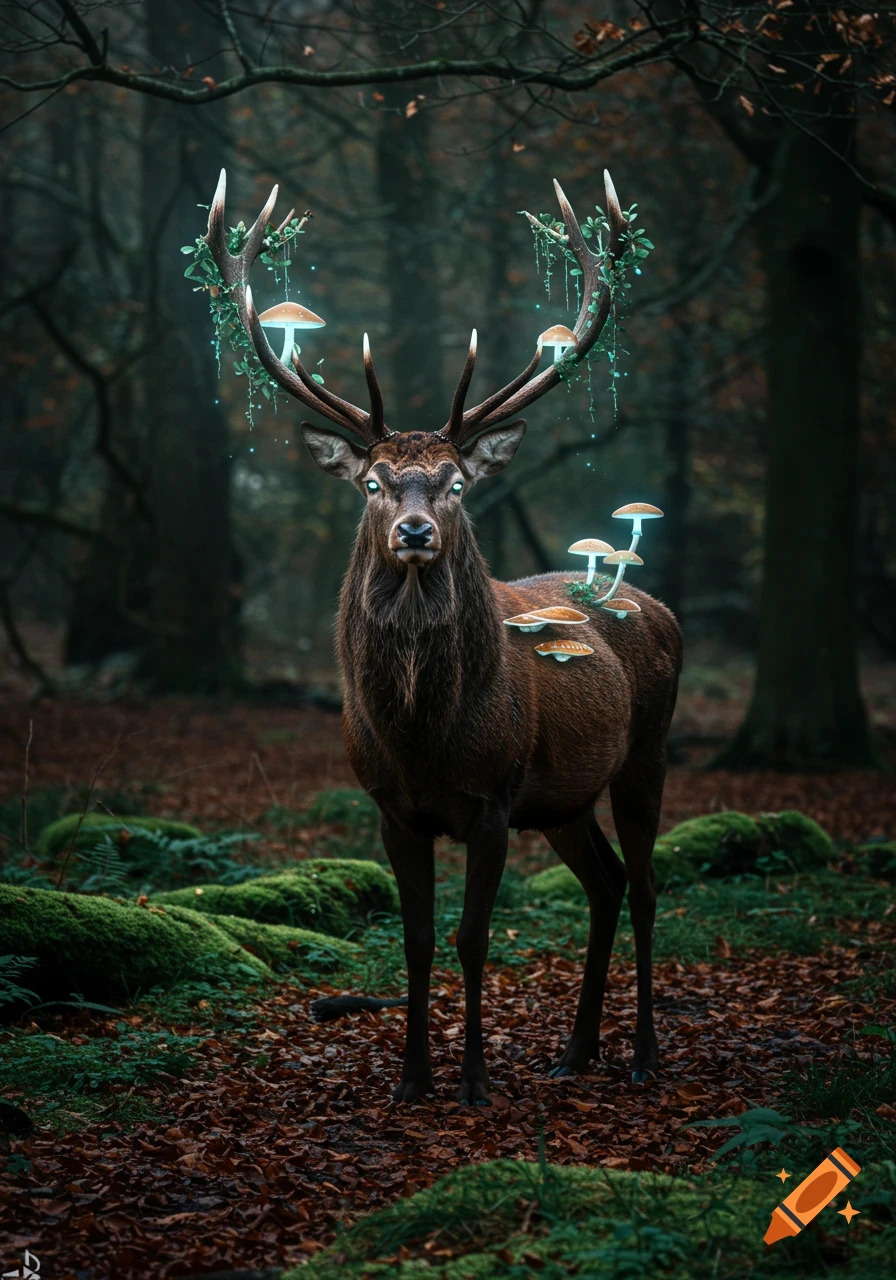 A photorealistic stag stands in a dark forest, its antlers and back adorned with glowing mushrooms and bioluminescent leaves.