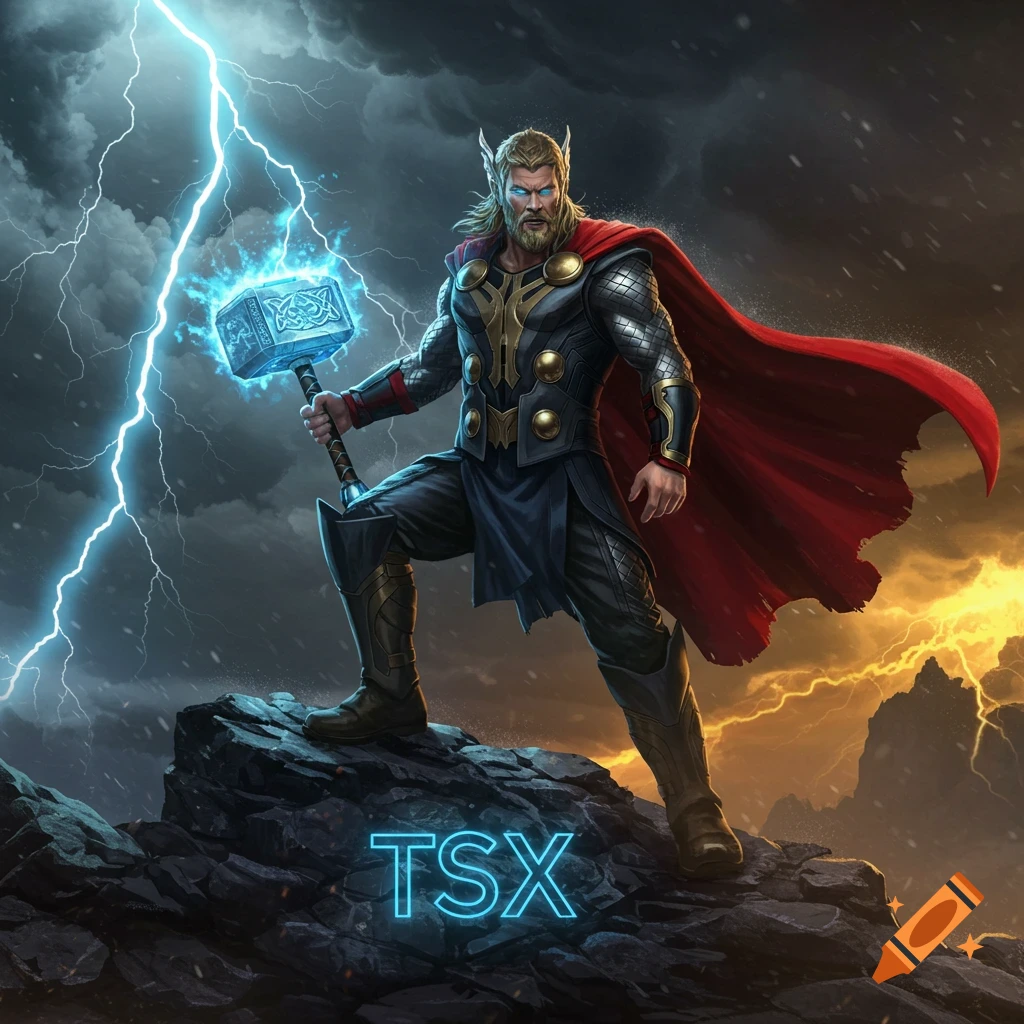 Thor standing heroically on rocks, holding his glowing hammer Mjolnir with lightning in a stormy sky, with 'TSX' glowing on the ground.