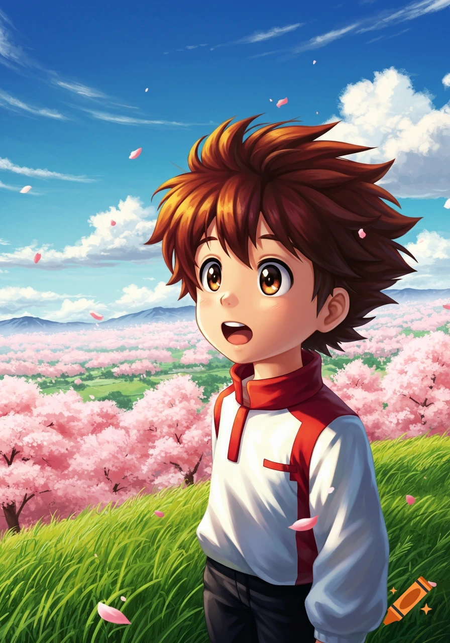 An anime boy with brown spiky hair looks surprised while standing in a field of pink cherry blossoms under a blue sky.