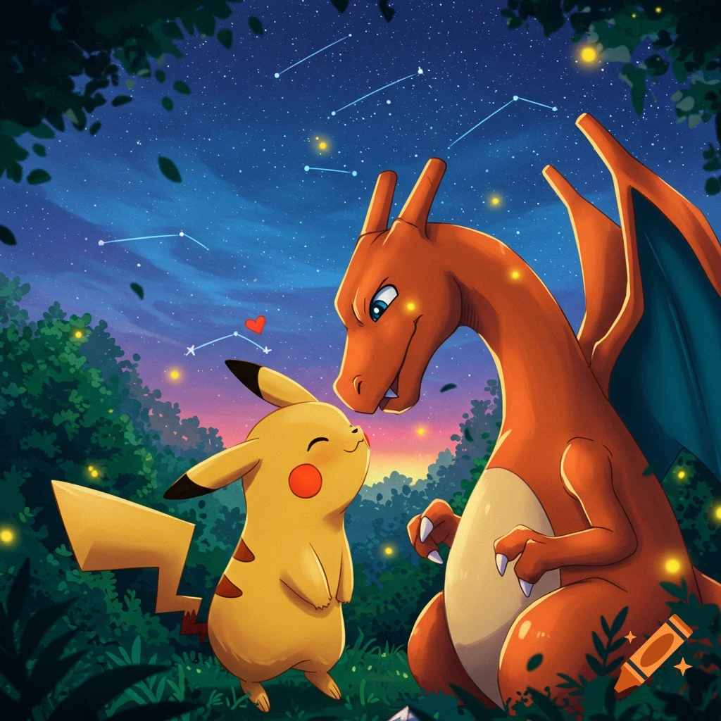 A Pikachu and Charizard appear to be kissing under a starry night sky in a forest with fireflies, in a colorful cartoon style.