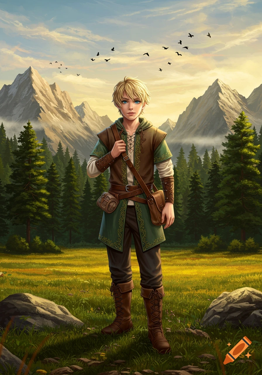 An illustration of a blonde teen with heterochromia in medieval adventure clothing, standing in a grassy field with mountains and forests in the background.