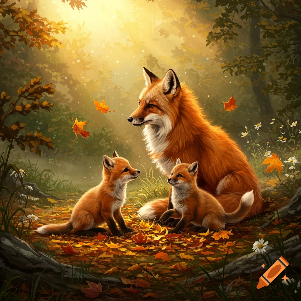 An adult fox and two kits sitting among autumn leaves in a sunlit forest.