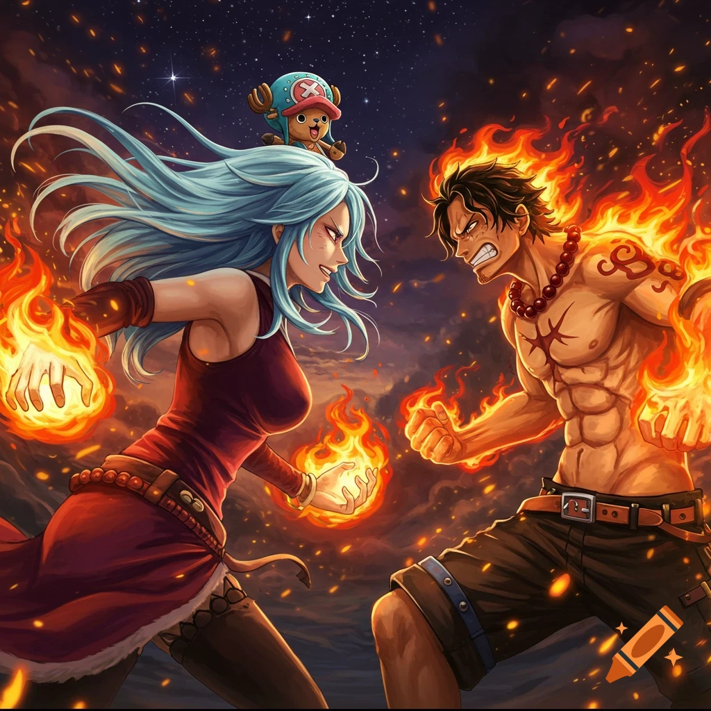Anime woman with blue hair and Portgas D. Ace battle with fire powers, with Tony Tony Chopper on her shoulder, under a starry, fiery sky.