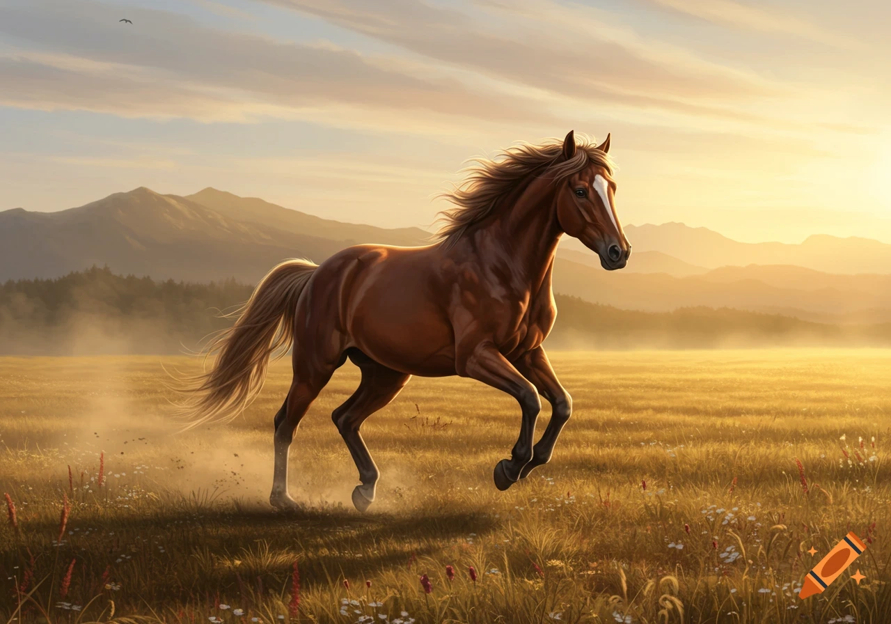 A majestic brown horse gallops through a sunlit field with mountains in the background at sunset.