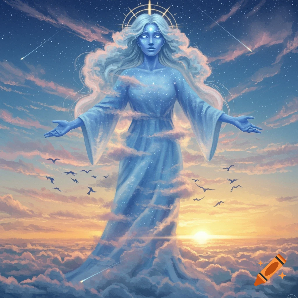 A goddess-like figure of starlight and clouds with outstretched arms stands above a vibrant sunset cloudscape with a starry night sky.