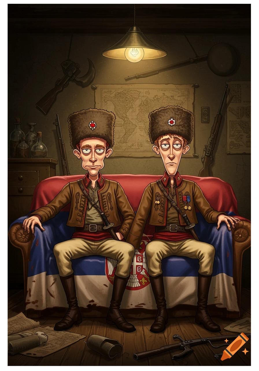 Two stylized cartoon men, resembling Beavis and Butthead, dressed in historical Serbian Chetnik uniforms, sit on a couch draped with a Serbian flag in a dimly lit room with a map and weapons.