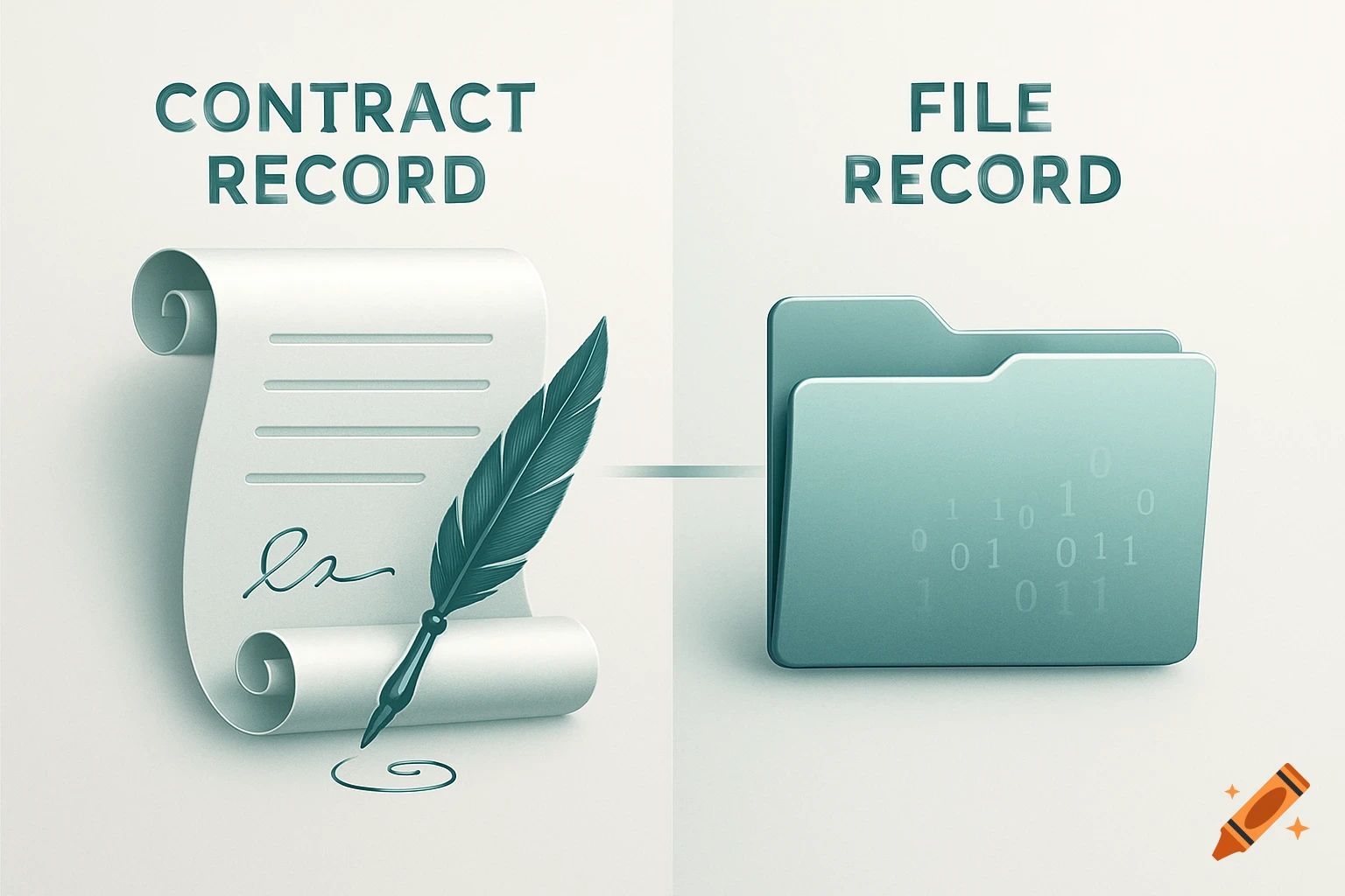 Illustration showing a contract scroll with a quill pen on the left and a file folder on the right, labeled 'CONTRACT RECORD' and 'FILE RECORD'.