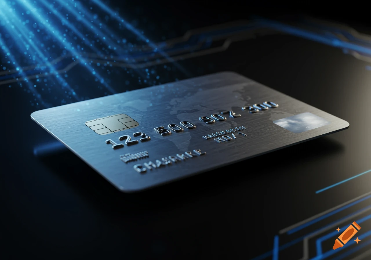 A close-up, angled view of a metallic credit card with raised numbers and a microchip on a dark, circuit-like background with blue light trails.