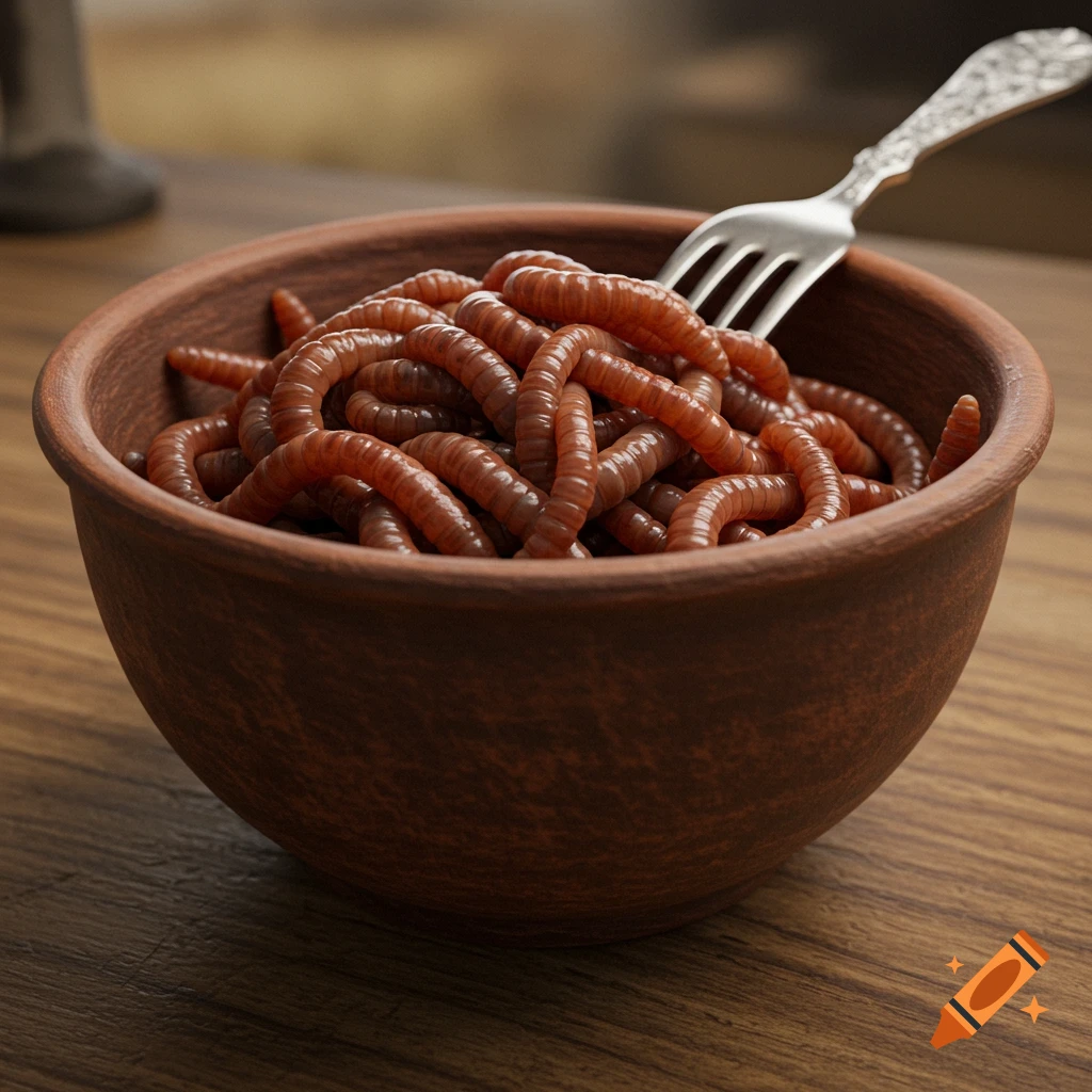 A brown ceramic bowl filled with reddish-brown worms, with a silver fork, rests on a wooden table. Photorealistic.