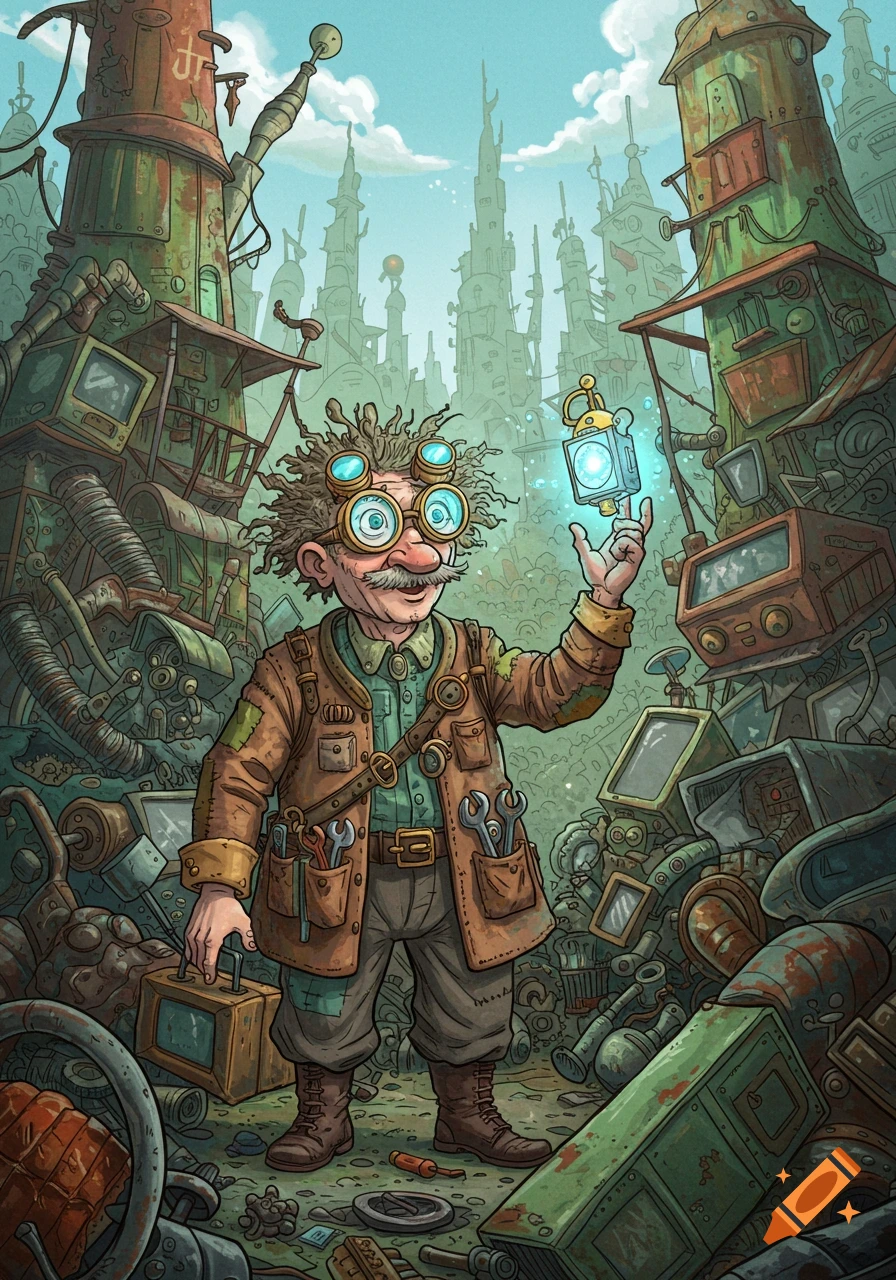 An eccentric inventor with wild hair and goggles, holding a glowing device, stands in a junkyard filled with scrap metal and towering machinery in a detailed, cartoonish art style.