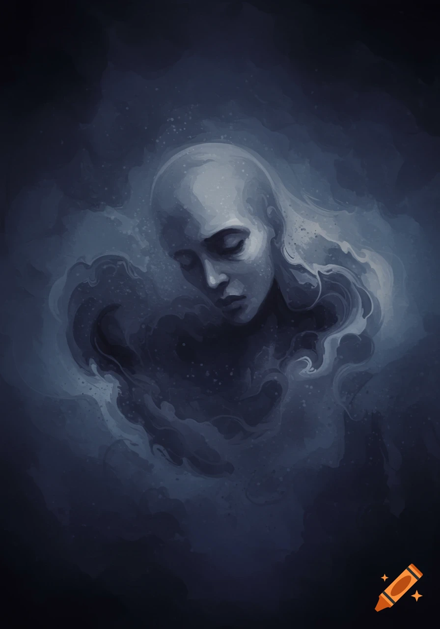 A melancholic, ethereal face in an abstract, dark blue watercolor style, blending into swirling shadows.