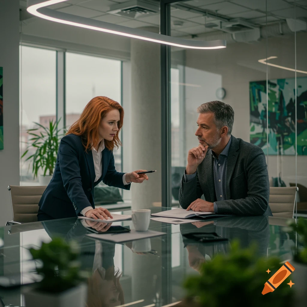 A red-haired woman and a gray-haired man in business attire having a serious discussion at a glass table in an office meeting room.