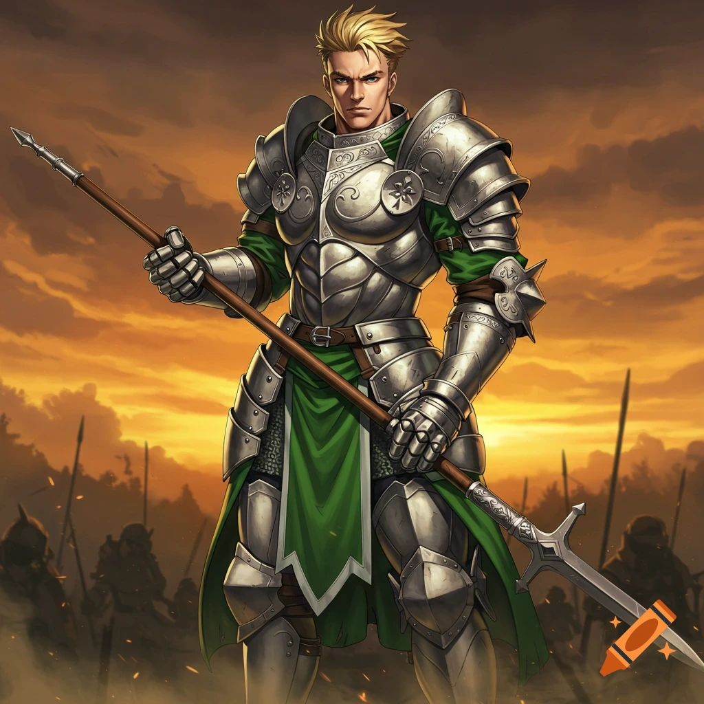A blonde anime knight in full plate armor with green cloth, holding a spear, standing before a fiery sunset over a battlefield.