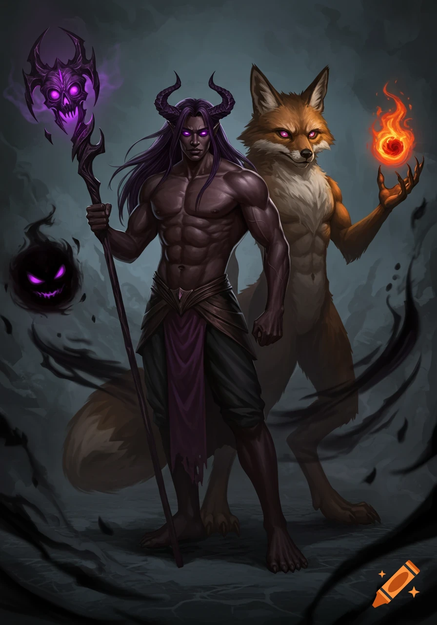 A horned demon with purple hair and glowing eyes holds a skull staff next to a humanoid fox holding a fireball. Dark fantasy art.