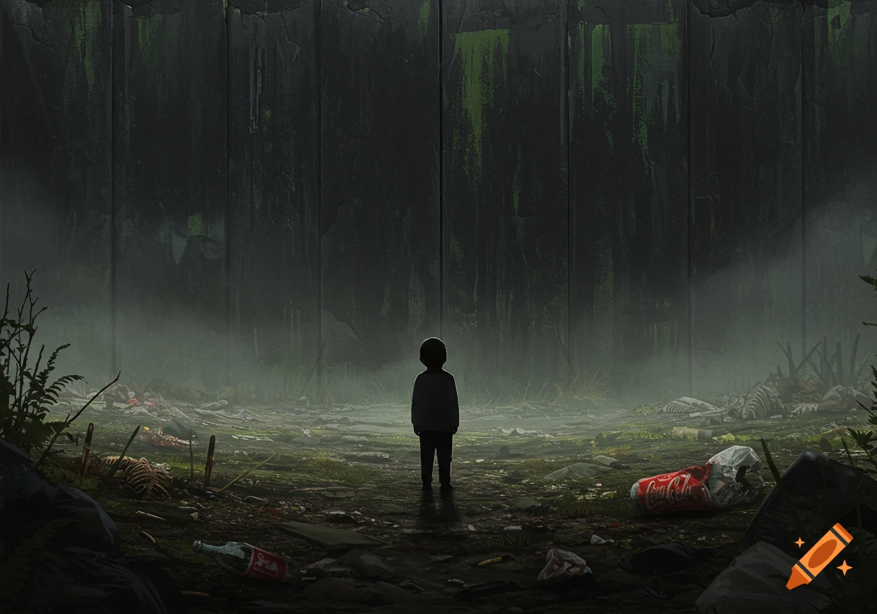 A child's silhouette stands on a mossy, garbage-strewn ground filled with bones, facing a towering dark wall in a dystopian, misty landscape.