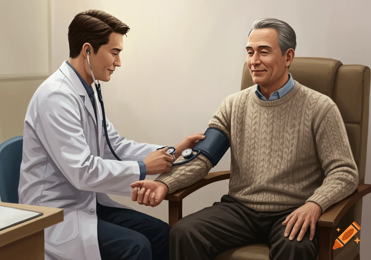 An illustration of a male doctor taking a male patient's blood pressure in an examination room.