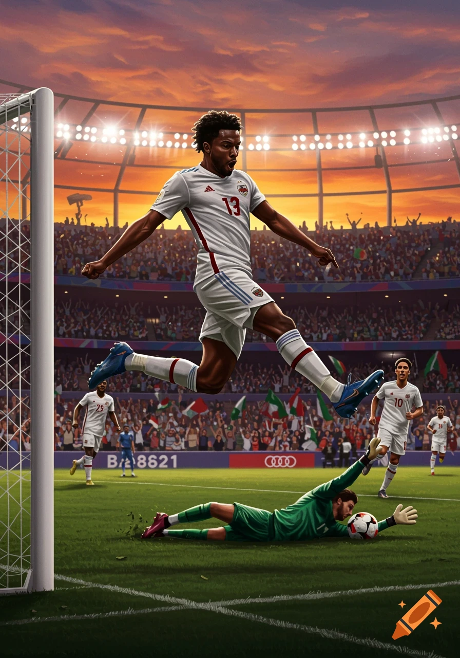 A dynamic shot of a soccer player in a white uniform jumping to score a goal in a packed stadium at sunset, while a goalie dives for the ball.