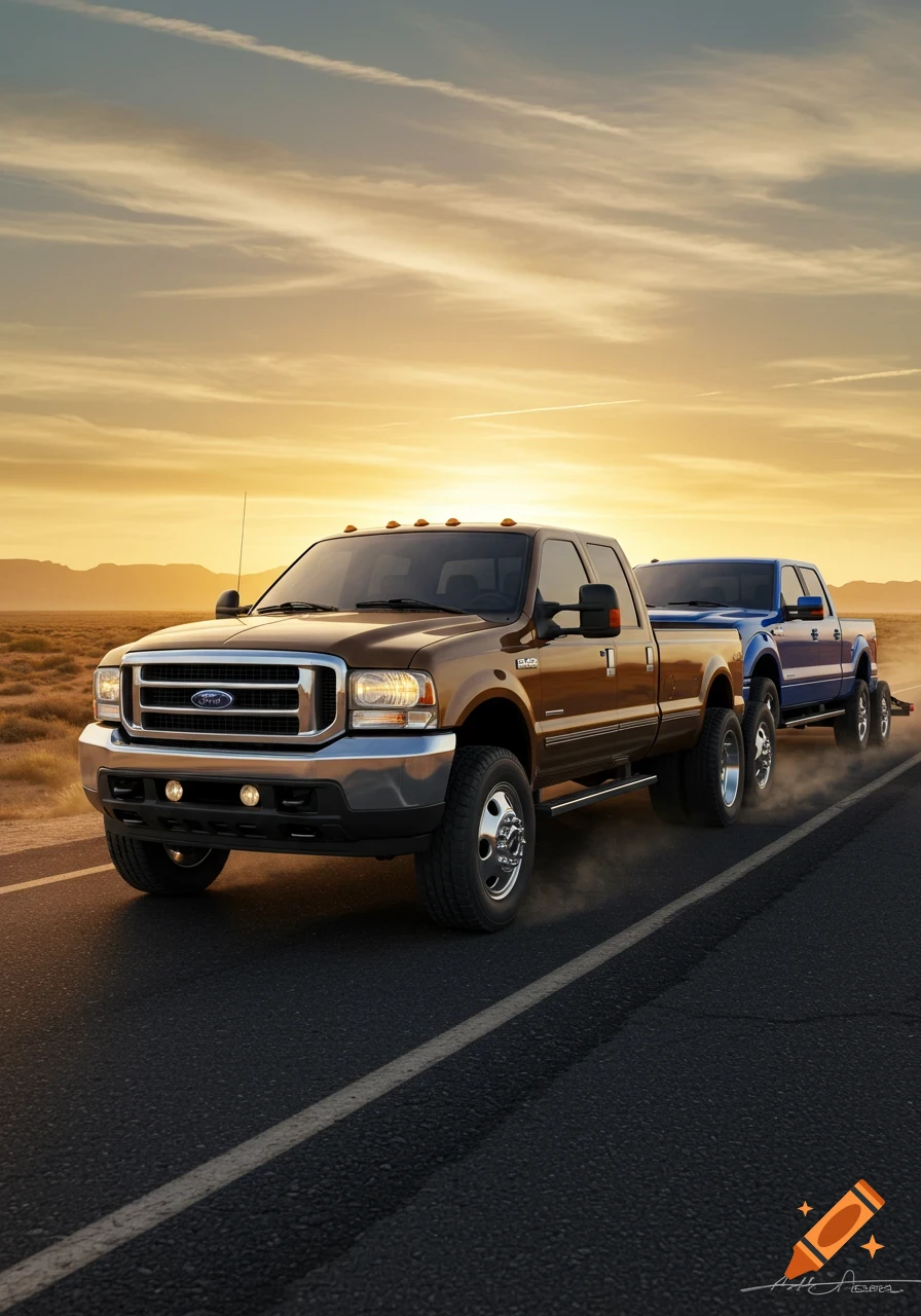 A brown Ford F-350 dually truck tows a blue Ford F-150 on a trailer down a desert road at sunset.