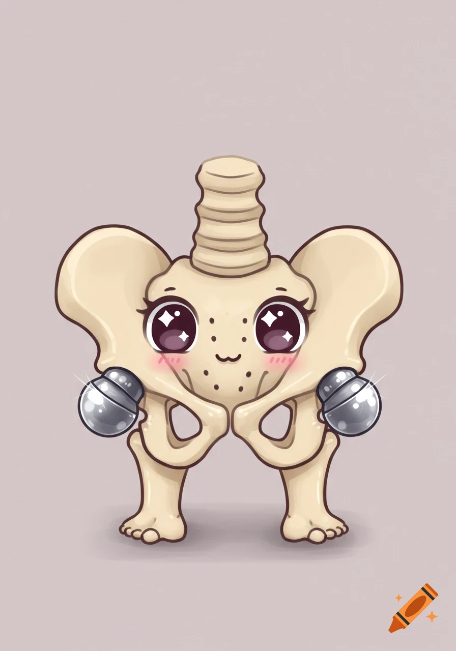 Cute chibi-style cartoon of a human pelvis bone with big sparkling eyes, a smile, and shiny prosthetic hip joints on a plain background.