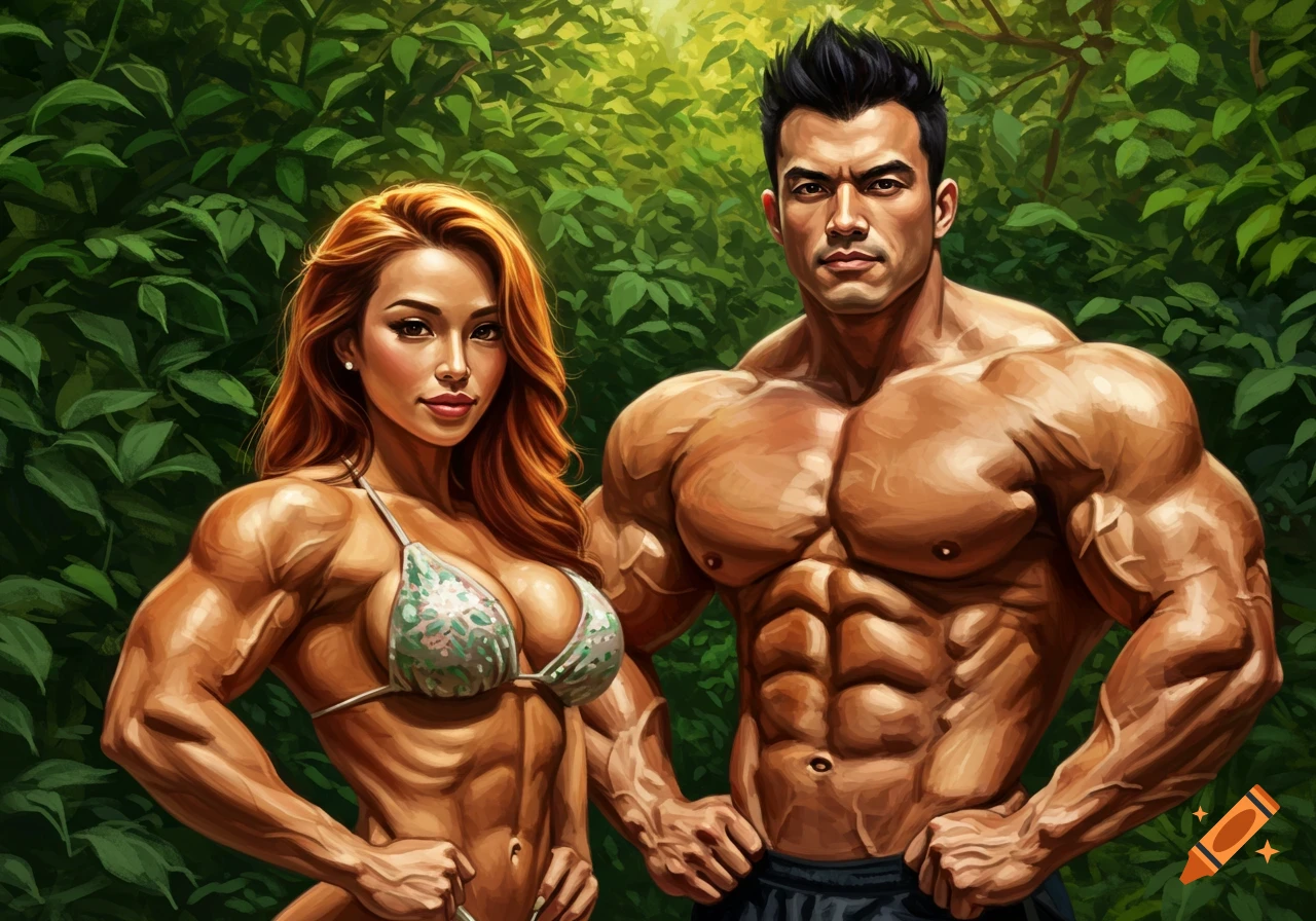 A muscular bodybuilder couple, a woman with auburn hair and a man with spiky black hair, stand in a lush green jungle.