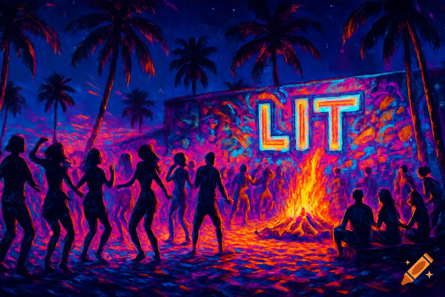 Energetic neon beach party at night with people dancing, a bonfire, palm trees, and a wall lit up with 'LIT' in bold neon.