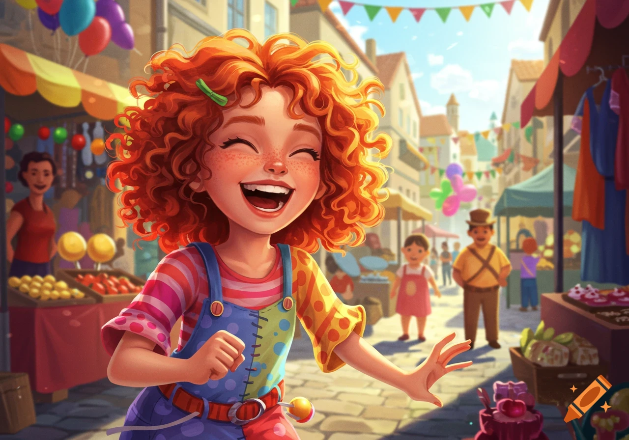 A happy, red-haired girl in colorful overalls laughs joyfully while running through a vibrant outdoor market.