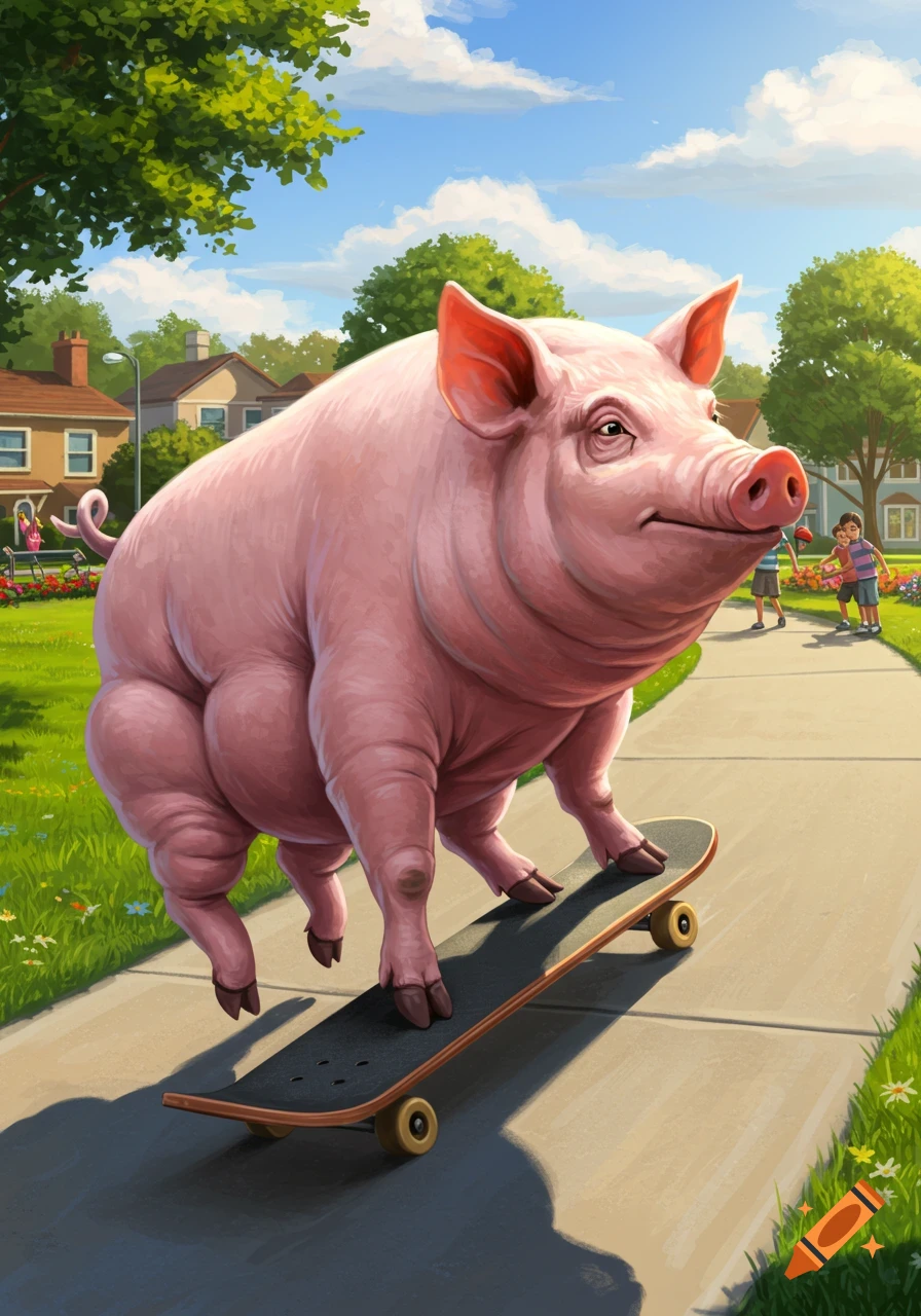 A large pink pig in an expressive cartoon style rides a skateboard down a sunlit suburban sidewalk, with houses and trees in the background.