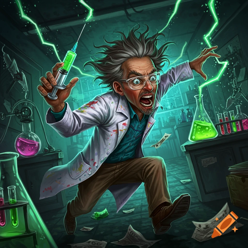 A wild-haired, wide-eyed mad scientist screams while running through a lab, holding a syringe as green lightning crackles around him.