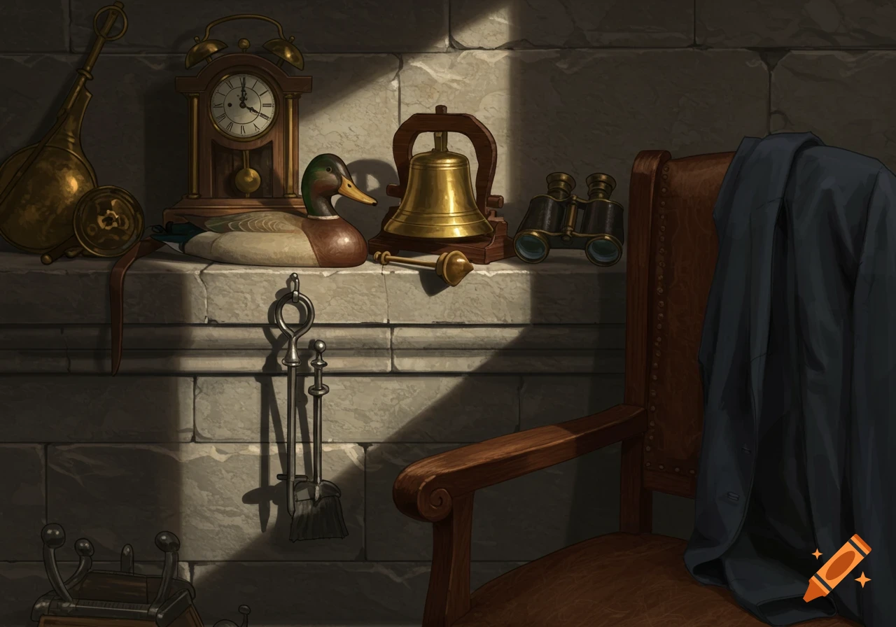 A still life featuring a clock, duck decoy, bell, binoculars, and fireplace tools on a stone ledge, with a jacket draped over a wooden chair.