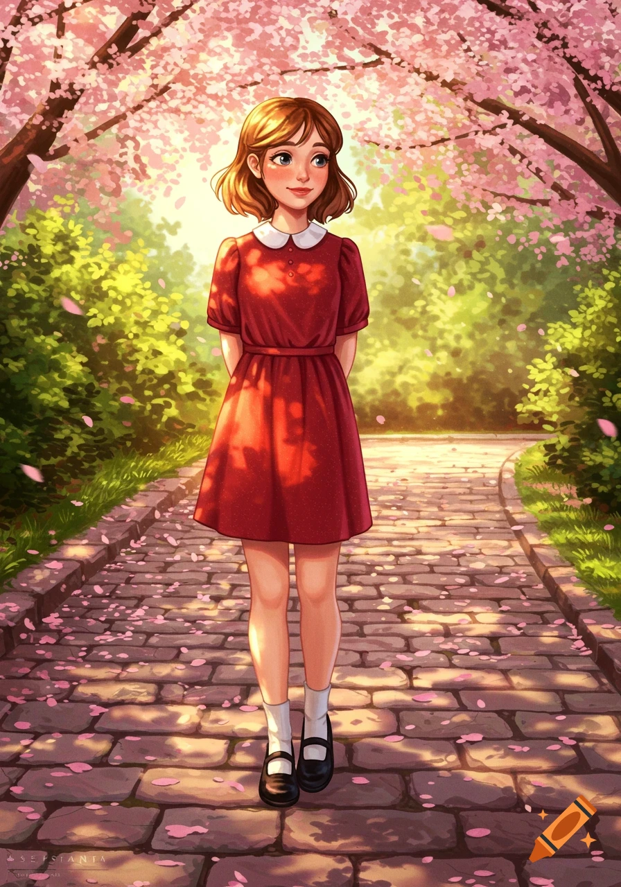 An anime-style illustration of a young girl with brown hair in a red dress, white socks, and Mary Jane shoes, standing on a stone path under pink cherry blossom trees, with petals falling around her.