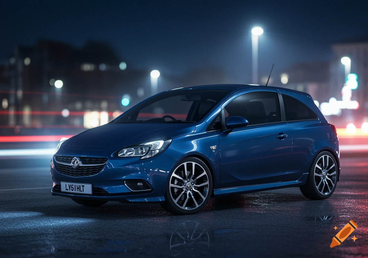 A blue Vauxhall Corsa car is parked on a wet street at night, illuminated by streetlights, with blurred city lights in the background. Photorealistic style.