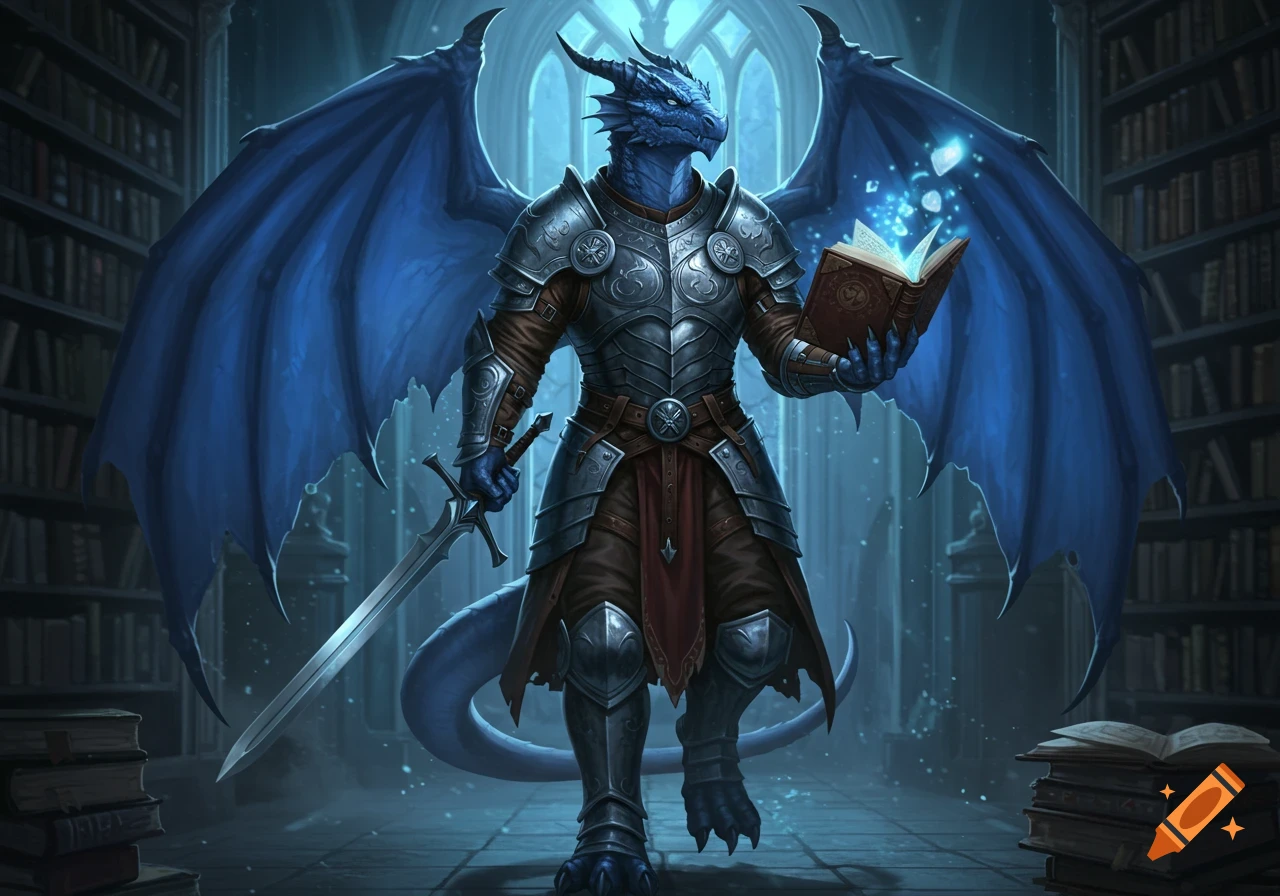 A detailed digital painting of a blue dragon-man in armor with wings and a tail, holding a sword and reading a glowing book in a library.