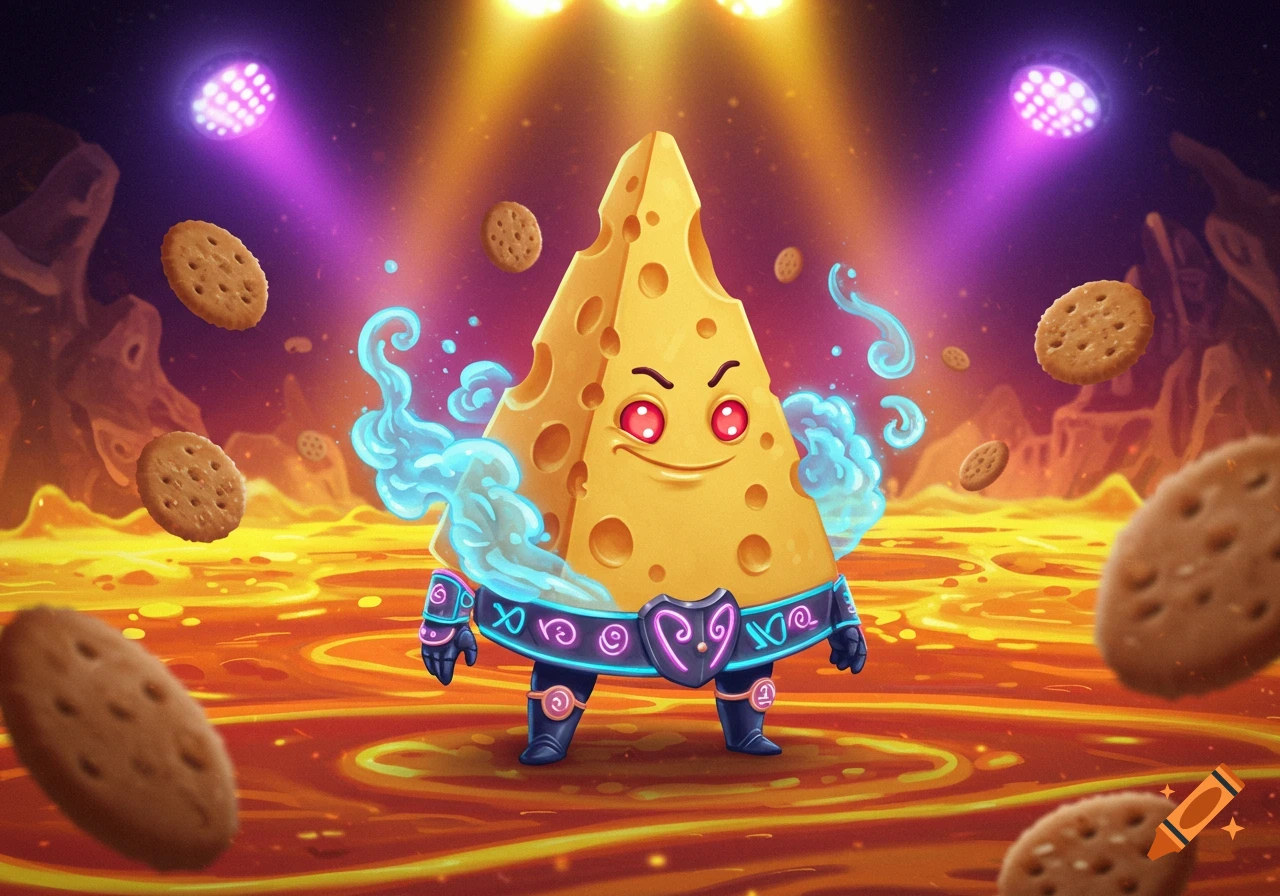 A menacing cartoon cheese wedge monster with red glowing eyes and a blue aura, wearing armor, floats above a vibrant lava-like landscape with floating cookies.
