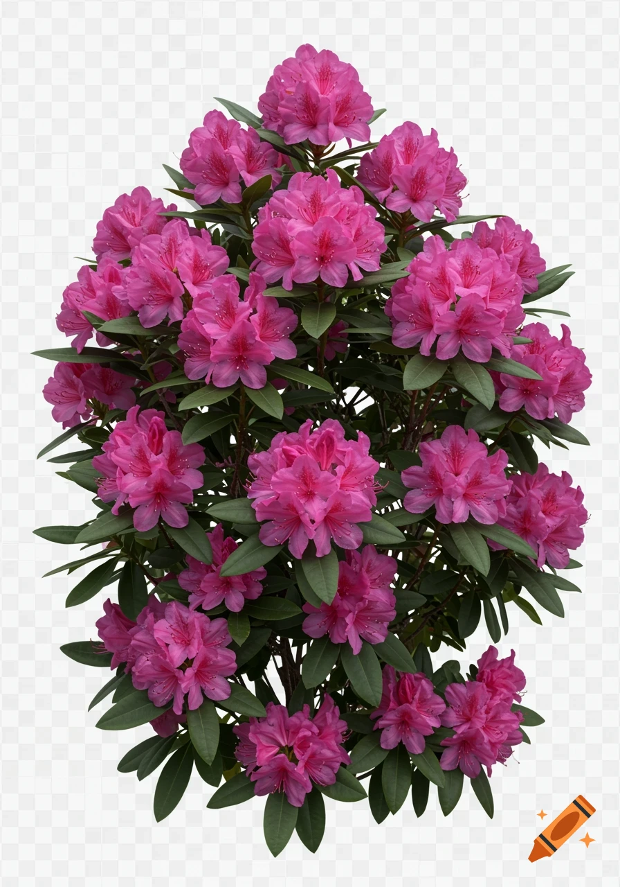 A dense bush of vibrant pink rhododendron flowers with green leaves on a transparent background.