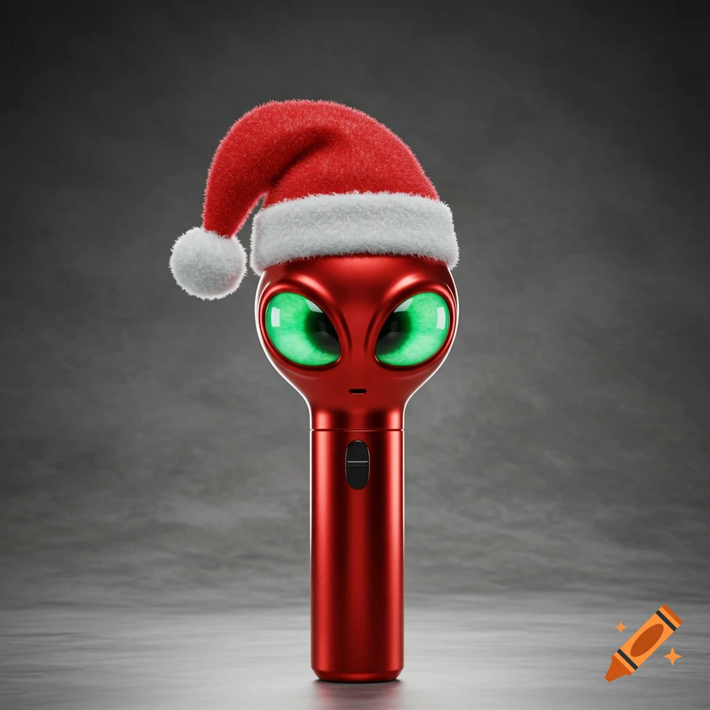 A red metallic object resembling a laser pointer with an alien head, glowing green eyes, and a Santa hat.