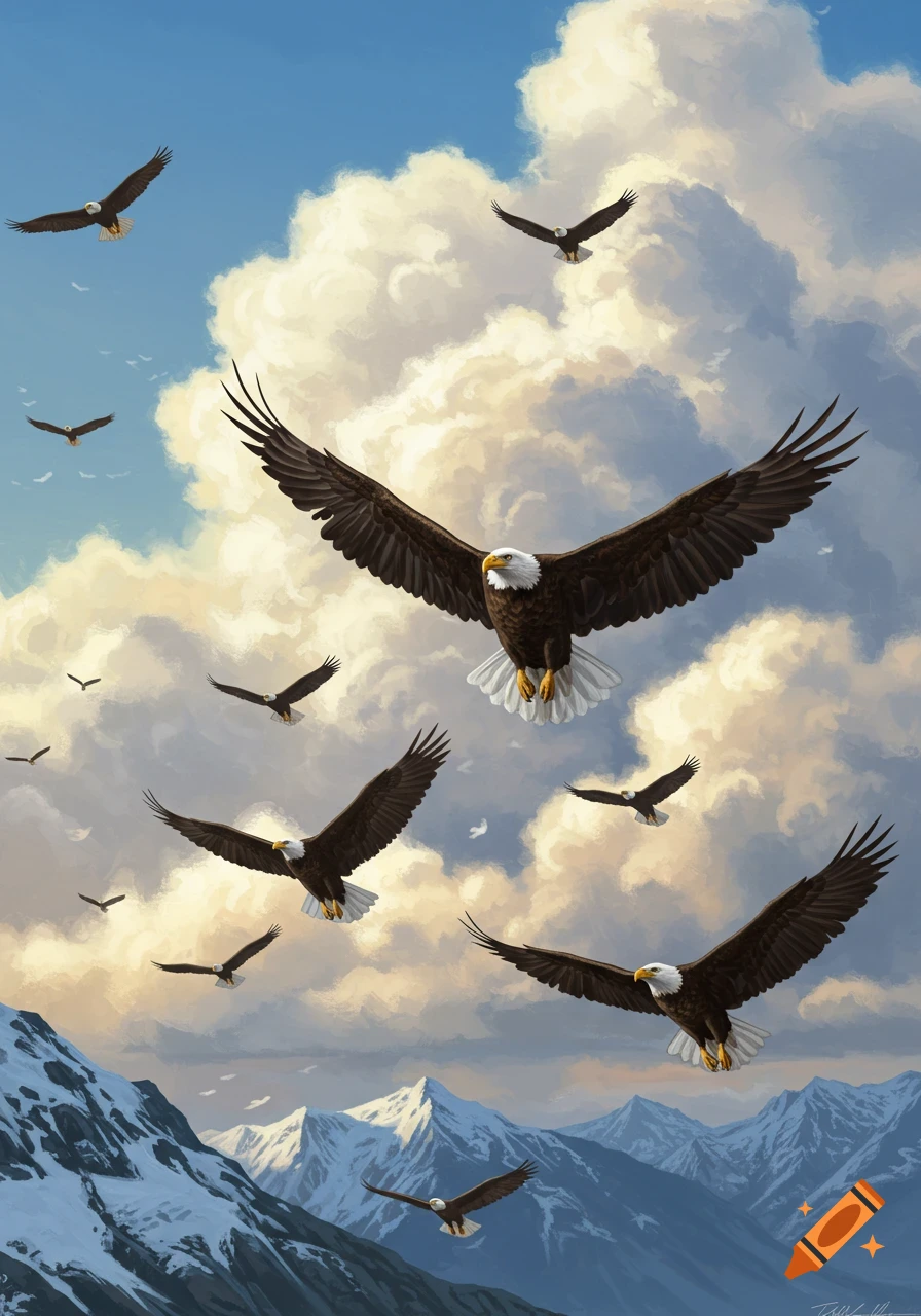 Bald eagles soar through a cloudy sky above snow-capped mountains in a realistic digital painting.