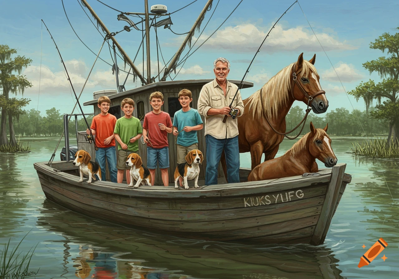 An illustrated scene of a man, four boys, three beagles, and two horses on a fishing boat in a swamp.