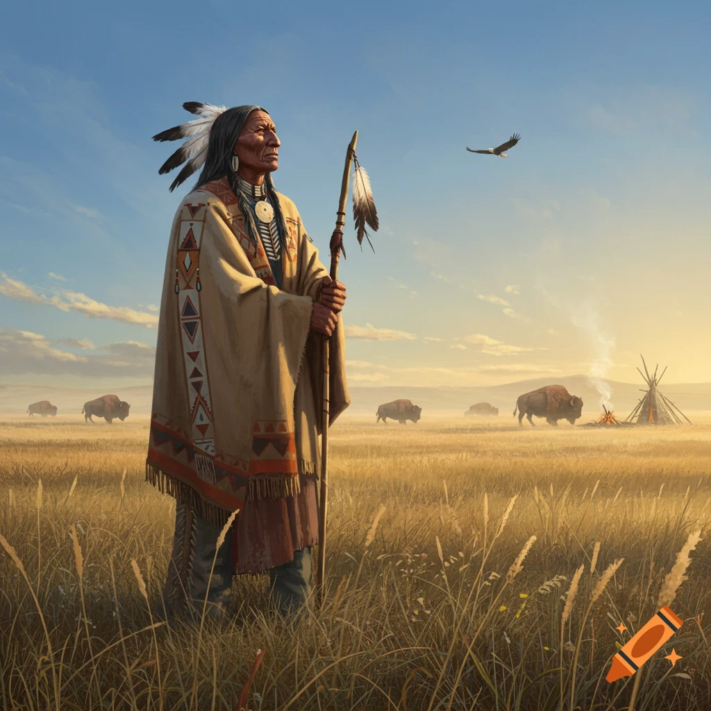 A Native American man stands in a golden field, holding a staff, looking into the distance with bison, a teepee, and an eagle in the sky at sunset.