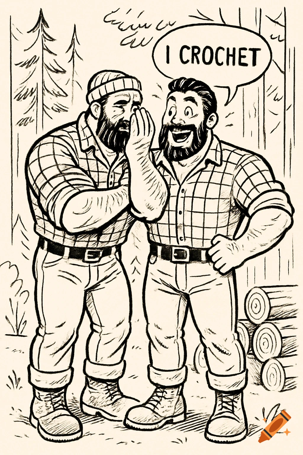 A line drawing of two brawny lumberjacks in a forest; one whispers a secret to the other, who reacts with surprise as a speech bubble says 'I CROCHET'.