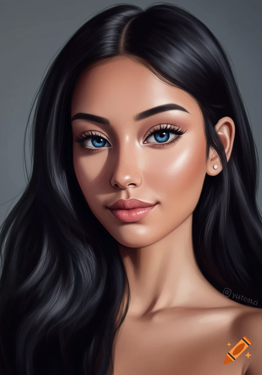Close-up digital art portrait of a young woman with long dark hair and striking blue eyes, in a realistic anime style.
