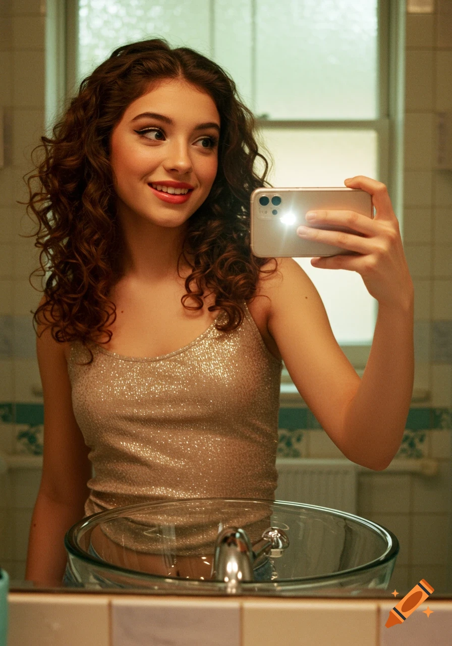 A young woman with curly hair taking a photorealistic mirror selfie in a bathroom, smiling with a sparkly top.