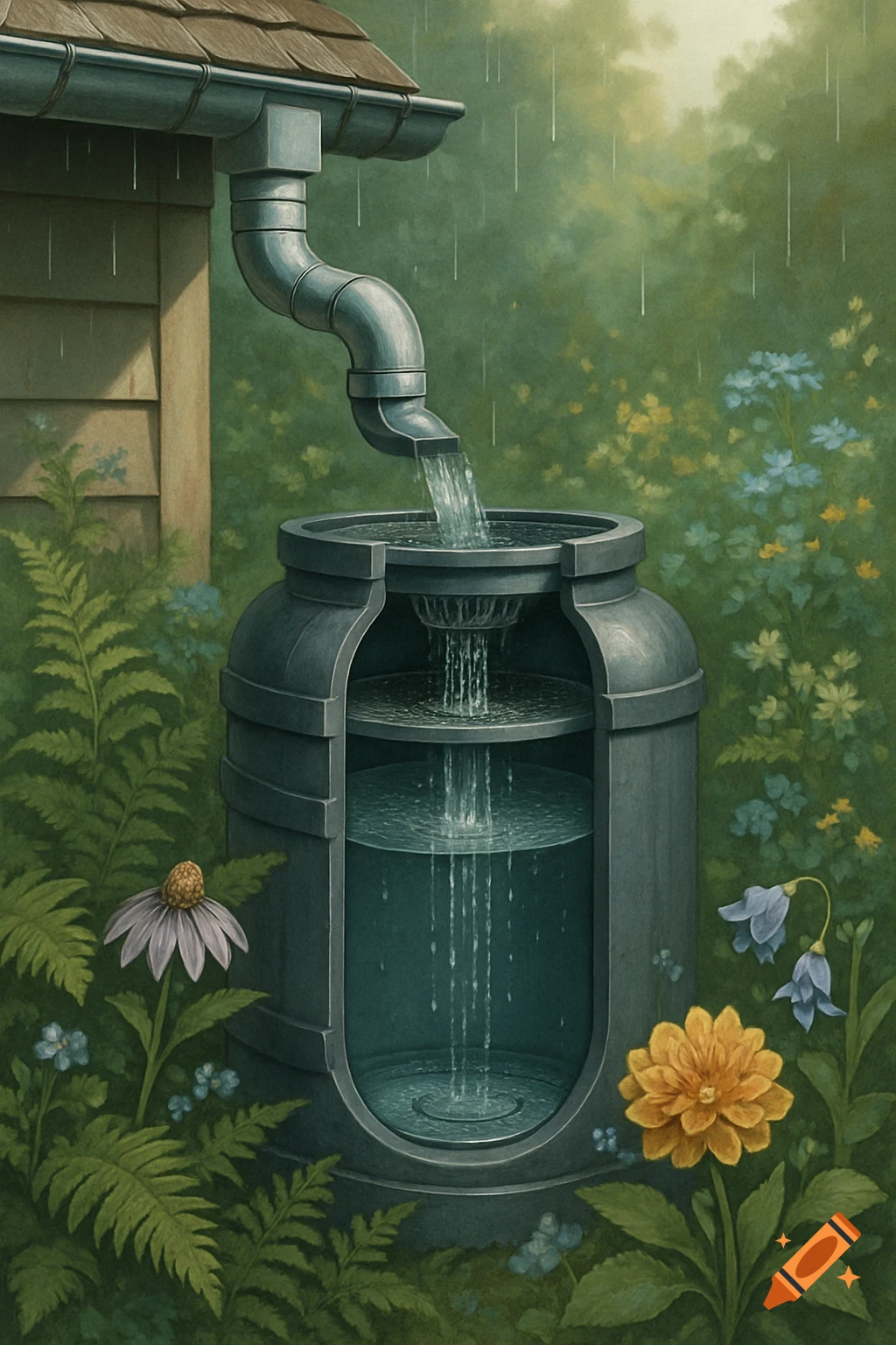 An illustrated diagram of a rain barrel collecting water from a downspout, surrounded by lush garden plants and flowers.