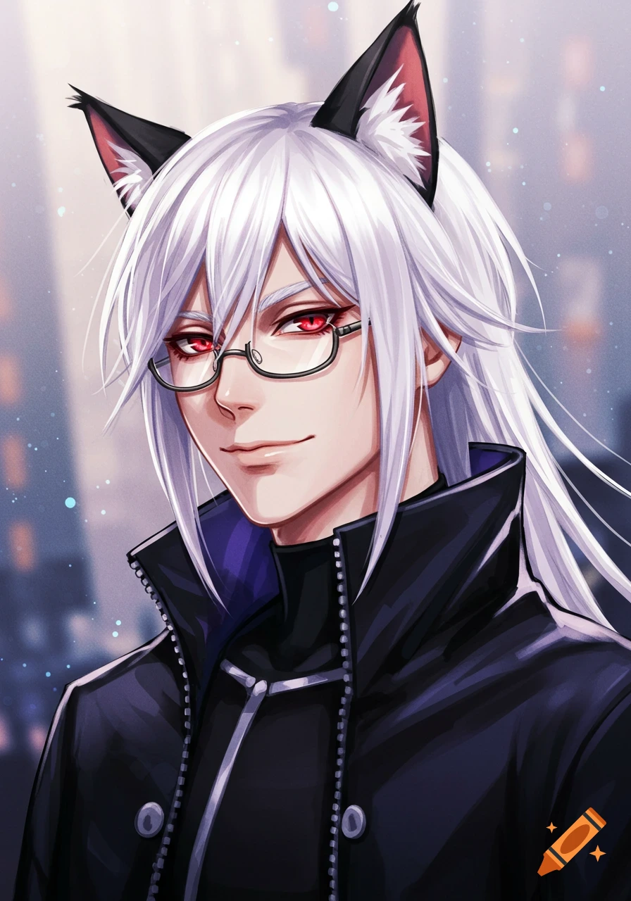 Anime portrait of a smiling person with white hair, red eyes, glasses, and black cat ears, wearing a black jacket.