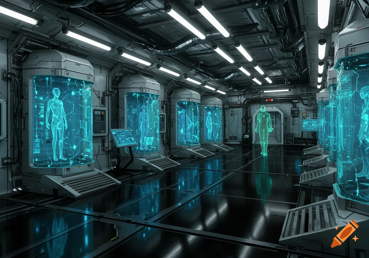 A futuristic laboratory with glowing, translucent human figures in cylindrical containment tanks and one standing on the floor.